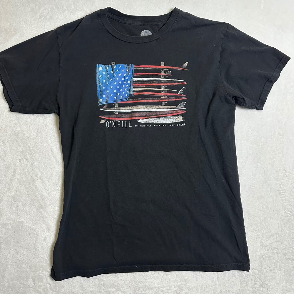 O'Neill Men's Large Black T-Shirt American Flag Surfboard Graphic Tee Y2K Surf